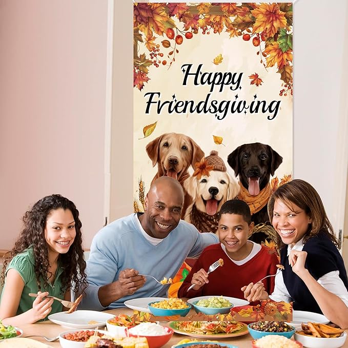 Friendsgiving Door Cover Banner Happy Thanksgiving Party Decorations, Dog Pumpkin Maple Leaves Give Thanks Turkey Friendsgiving Door Party Decorations