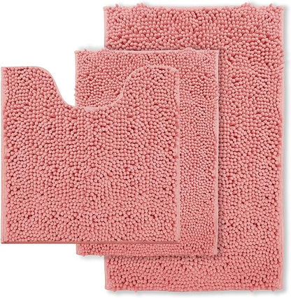 Pink Bathroom Rugs Chenille Bath Mat Set 3-Piece Bath Rugs for Bathoom Extra Soft Bath Mats for Bathoom Non Slip Absorbent Shag Bthroom Carpet, Machine Washable, Mats Sets 3 Toilet Rug