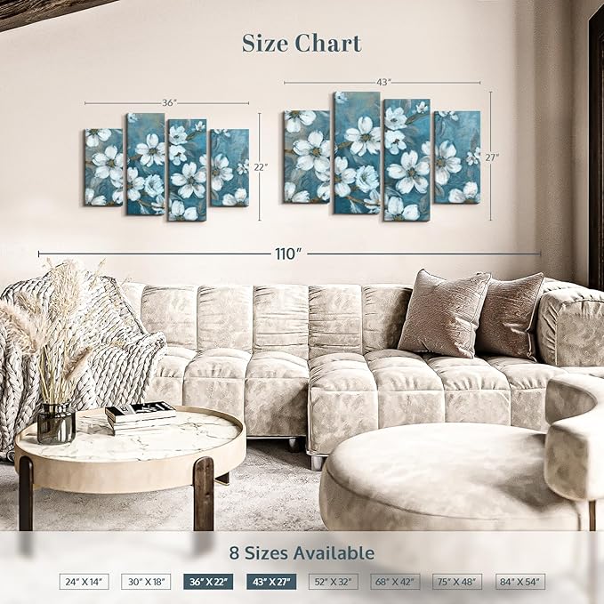 Elephant Stock Blossoms Of Evening Wall Art - Horizontal Canvas - 4-Piece Living Room Wall Decor - Blossom Painting Canvas Print - Blue and Gray Decor for Wall by Carol Robinson - 43" X 27"