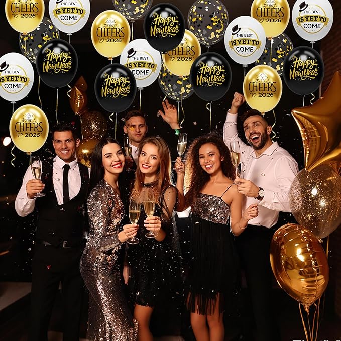 62 Pack Black and Gold New Years Balloons 2026 New Years Decorations - 12 Inch New Year Eve Party Supplies 2026 New Year Eve Balloons with Ribbons - Black Gold Nye Party Decorations Nye Balloon