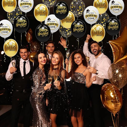 62 Pack Black and Gold New Years Balloons 2026 New Years Decorations - 12 Inch New Year Eve Party Supplies 2026 New Year Eve Balloons with Ribbons - Black Gold Nye Party Decorations Nye Balloon