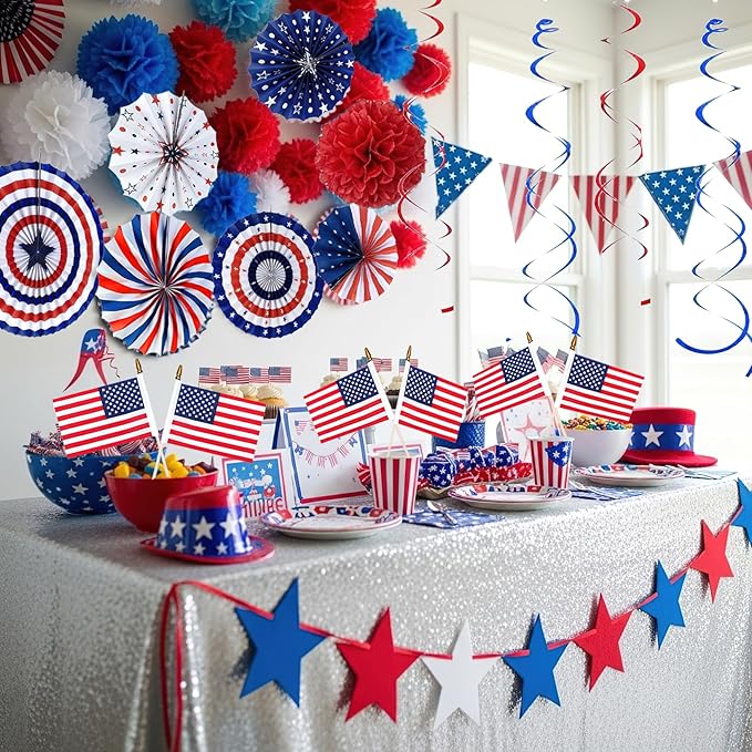 32PCS 4th of July Patriotic Decorations Red White Blue Paper Fans USA Flag Pennant Star Streamer Pom Poms Hanging Swirls For Veterans Labor Presidents Flag Memorial Day Indoor Outdoor Outside