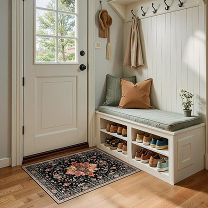 Area Rugs 2'x3' Kitchen Rugs Entry Rug Small Rugs for Entryway Kitchen Bathroom Door Mat Indoor Entrance,Washable Non Slip, Black Colorful Floral Dark Tan