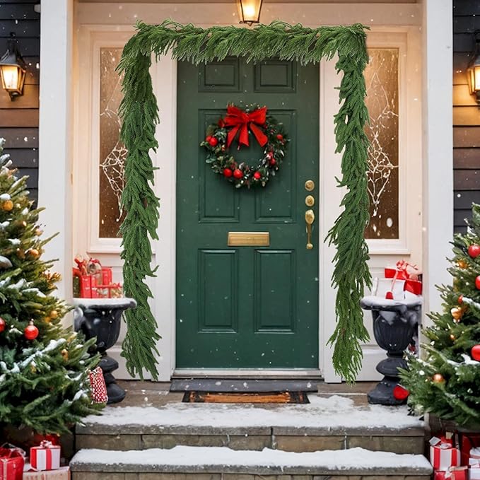 9FT Christmas Artificial Norfolk Pine Garlands for Mantle Fireplace, Real Touch Faux Greenery Pine Garland for Holiday Xmas Decorations