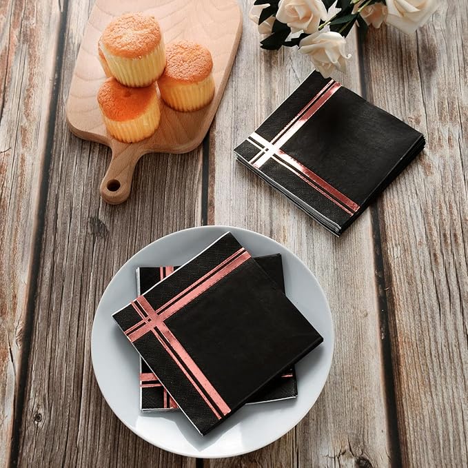 Rose Gold on Black Cocktail Napkins - 100 Pack, 5" x 5", 3-Ply Paper - Style Name: Blissful Crossing