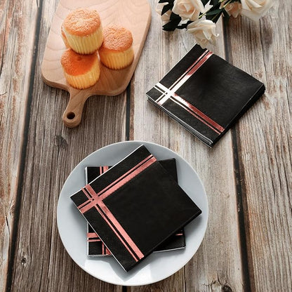 Rose Gold on Black Cocktail Napkins - 100 Pack, 5" x 5", 3-Ply Paper - Style Name: Blissful Crossing