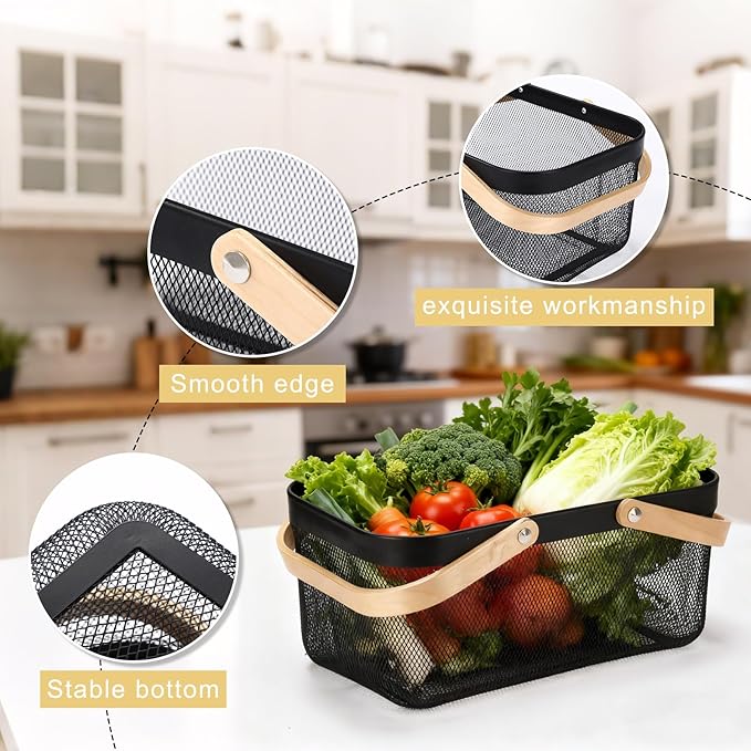 Zonon 4 Pack Picnic Harvest Baskets, 2 Size Metal Mesh Harvest Storage Basket with Foldable Wooden Handle, Rectangle Durable Vegetables Fruit Basket for Garden Bathroom Kitchen Organizing, Black
