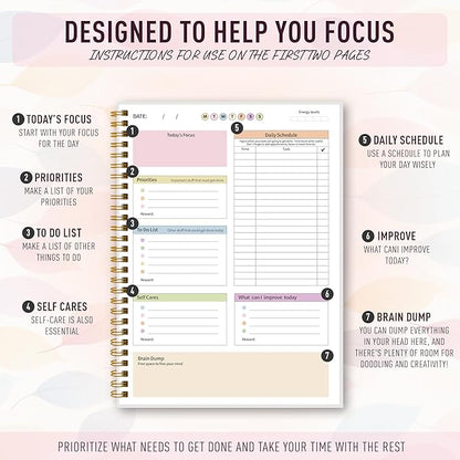 ADHD Planner for Women，Daily Productivity Planner with Task Management Organizer for Neurodivergent Adult,Teens , Self-Cares, Daily Schedule,To-Do List,Brain Dump,ADHD Journal with Cardboard Cover to Stay Organized and Focused (Colorful Leaves)
