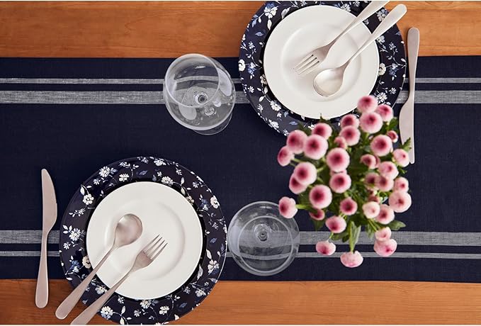 Solino Home Linen Table Runner 72 Inches Long - 100% Pure Linen White and Navy French Stripe Table Runner 14 x 72 Inch for Dining, Dresser, Christmas, Holiday, Winter, New Year