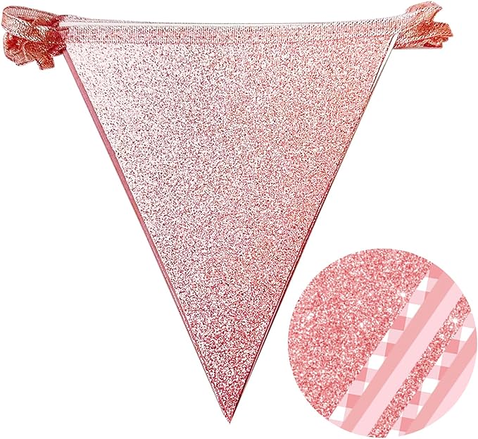 Dusty Rose Pink Buffalo Plaid Rose Gold Party Decorations Pennant Banner Flag Hanging Glitter Paper Triangle Bunting for Women Girls Birthday Baby Shower Wedding Bridal Shower Hen Party Supplies