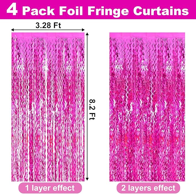 4 Pack Rose Red Fringe Curtain Backdrop 3.2Ft x 8.2Ft Metallic Tinsel Foil Fringe Streamers Background for Photo Booth Mother's Day, Easter, Carnival, Birthday, Wedding Party Decoration