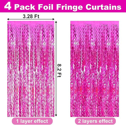 4 Pack Rose Red Fringe Curtain Backdrop 3.2Ft x 8.2Ft Metallic Tinsel Foil Fringe Streamers Background for Photo Booth Mother's Day, Easter, Carnival, Birthday, Wedding Party Decoration