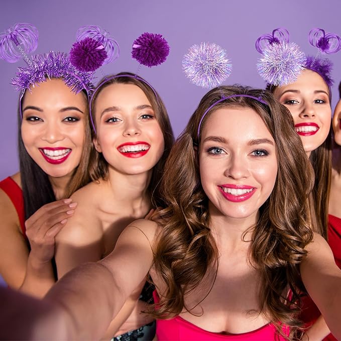 Censen 16 Pcs Pom Pom Headband Party Headbands Tinsel Wrapped Ponytail Head Bopper Costume Headwear Team Spirit Accessories