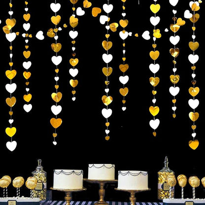 White Gold Heart Garland Hanging Paper Love Heart Streamer Banner for Baptism Engagement Anniversary Valentines Day Birthday Bachelorette Mothers Day Wedding Bridal Shower Party Decorations Supplies