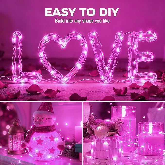 litogo 12 Pack 7FT 20 LED Fairy Lights Battery Operated, 3 Lighting Modes, Bulk Mini Twinkle String Lights Waterproof Silver Wire for Weddings Mason Jars Party Christmas Decorations-Pink