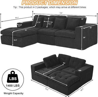 108 Inch Cloud Sectional Couch Modern Modular Sectional Sofa with Deep Seat - L Shaped Comfy 3 Seater Sectional Couches Memory Foam Boneless Fits Living Room & Bedroom, Black
