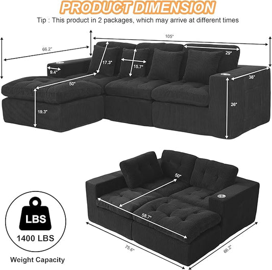 108 Inch Cloud Sectional Couch Modern Modular Sectional Sofa with Deep Seat - L Shaped Comfy 3 Seater Sectional Couches Memory Foam Boneless Fits Living Room & Bedroom, Black