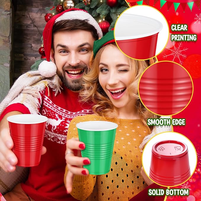 100 Pcs Red and Green Christmas Plastic Cups 12 oz, Bulk Green and Red Disposable Xmas Party Cups for Merry Christmas Holiday Wedding Birthday Theme Party Supplies Decorations