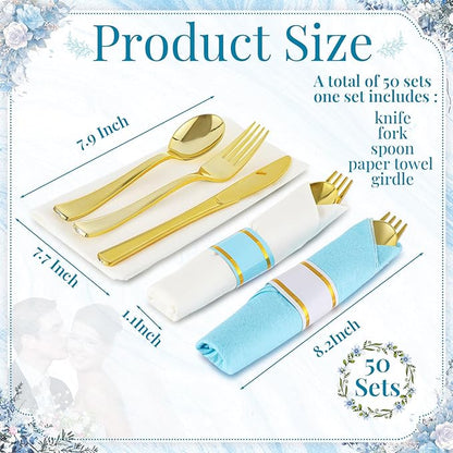 Lasnten 50 Pack Blue Pre Rolled Gold Plastic Silverware Set Disposable Wrapped Plastic Cutlery Set Include Blue and White Napkins Knives Spoons and Forks for Wedding Baby Shower Birthday Party