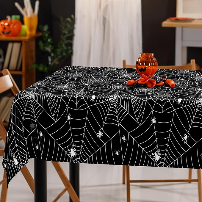 QZYL 3 PCS Halloween Table Cloths, 54" x 108" Spider Web Table Cloth, Black Disposable Tablecloth Plastic Tablecover, Spider Webs Halloween Decorations Party Supplies Tableware Decor