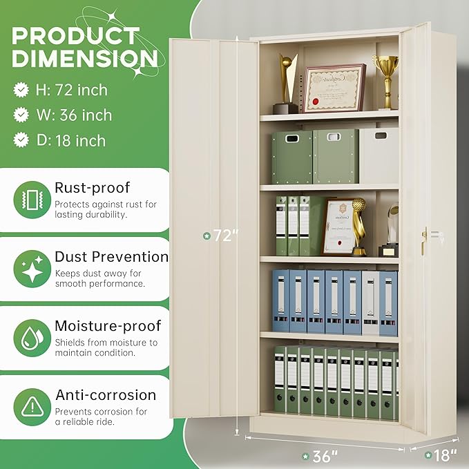 INTERGREAT Metal Storage Cabinet,72" Tall Steel File Cabinets with Locking Doors and Adjustable Shelves,Steel Storage Cabinet for Office,Home,Garage,Gym,School(Grey