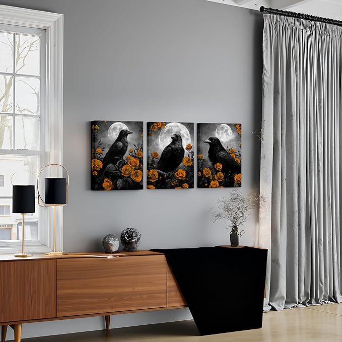 LevvArts Crow Canvas Wall Art Gothic Crow with Rose Painting Spooky Pictures Bathroom Bedroom Wall Decor (Orange)