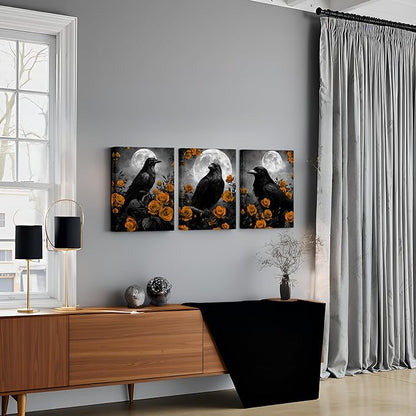 LevvArts Crow Canvas Wall Art Gothic Crow with Rose Painting Spooky Pictures Bathroom Bedroom Wall Decor (Orange)