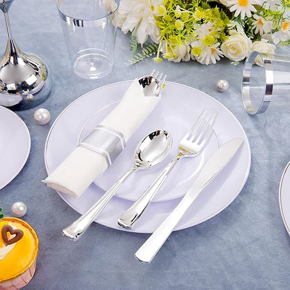 KIRE 350 PCS Plastic Dinnerware Set for 50 Guests, Silver Plastic Plates Include 50 Dinner, 50 Dessert Plates, 50 Pre Rolled Napkins with Silverware, 50 Cups for Wedding, Party, Banqet, Christmas
