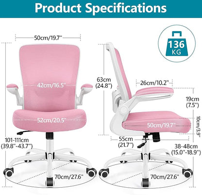 FelixKing Office Chair, Ergonomic Desk Chair Breathable Mesh Chairs Adjustable High Back Lumbar Support Flip-up Armrests, Executive Rolling Swivel Comfy Computer Chairs Home Office Pink