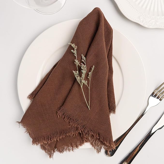 Handmade Cloth Napkins with Fringe,18 x 18 Inches Cotton Linen Napkins Set of 4 Versatile Handmade Square Rustic Fringe Napkins for Dinner, Wedding and Parties, Chocolate