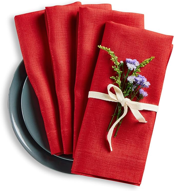 Solino Home Red Linen Napkins Set of 4-100% Pure Linen Cloth Washable Dinner Napkins 20 x 20 Inch for Christmas, Holiday, Winter, New Year - Fete