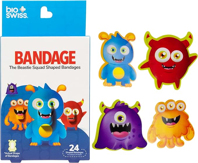 BioSwiss Kids Bandages, Beastie Squad Shaped Self Adhesive Bandage Set, Latex Free, Sterile Wound Care and Adults, 24 Count