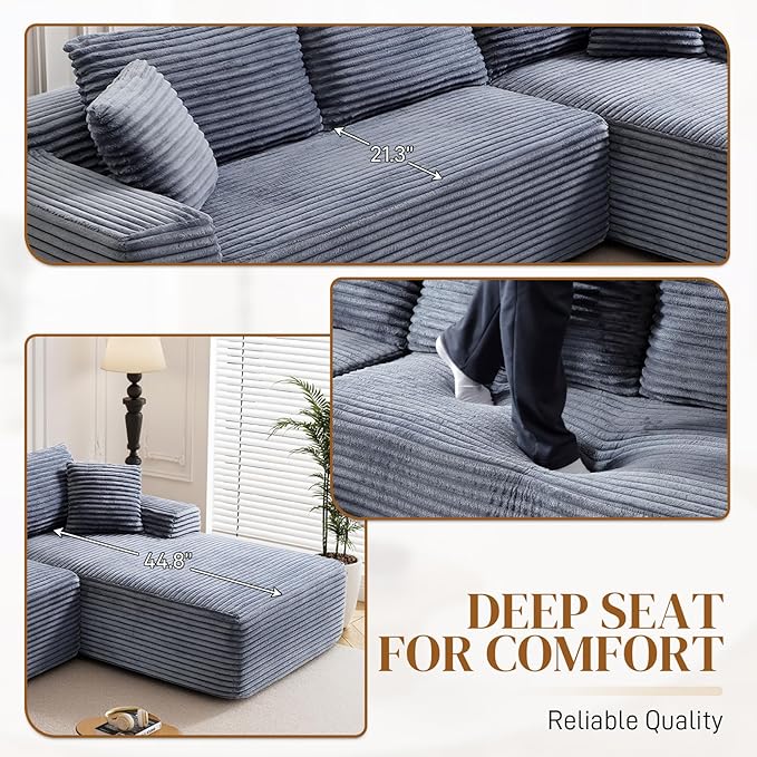 95" L Shaped Boneless Sectional Couches, Wide Armrest, Deep Seat, Memory Foam, Assembly Free, Modern Comfy Corduroy Fluffy Cloud Sofa with Right Chaise for Living Room, Small Spaces, Grey