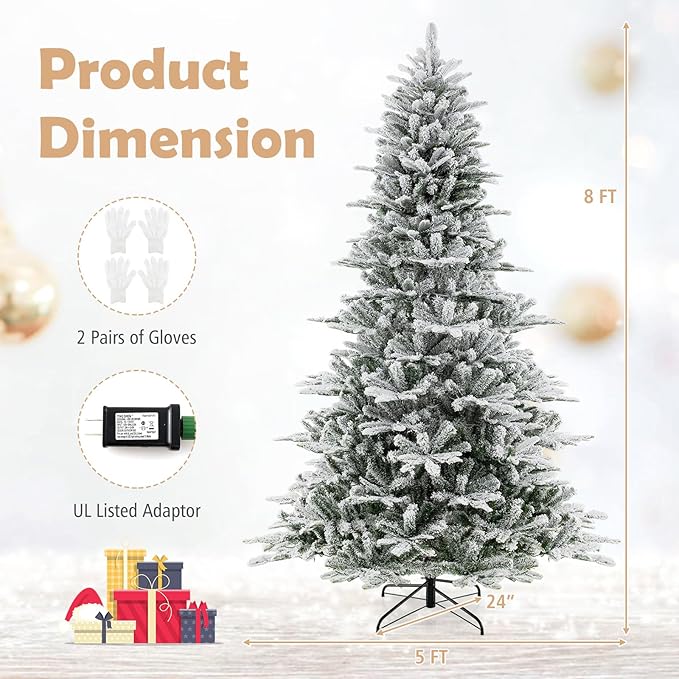 GOFLAME 8FT Pre-Lit Christmas Tree Snow Flocked, Hinged Artificial Xmas Tree with 1447 Branch Tips, 800 Cold White LED Lights, 3 Lighting Modes, Timer, Remote, Holiday Decoration Tree for Home Party