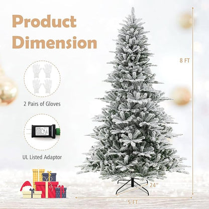 GOFLAME 8FT Pre-Lit Christmas Tree Snow Flocked, Hinged Artificial Xmas Tree with 1447 Branch Tips, 800 Cold White LED Lights, 3 Lighting Modes, Timer, Remote, Holiday Decoration Tree for Home Party