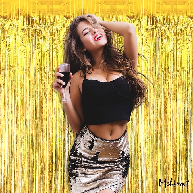 4 Pack 2024 New Year Fringe Curtain Backdrop, 3.2Ft x 8.2Ft Metallic Tinsel Foil Fringe Streamers Background for Photo Booth Birthday Wedding Baby Shower Carnival Easter Party Decorations Gold