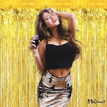 4 Pack 2024 New Year Fringe Curtain Backdrop, 3.2Ft x 8.2Ft Metallic Tinsel Foil Fringe Streamers Background for Photo Booth Birthday Wedding Baby Shower Carnival Easter Party Decorations Gold