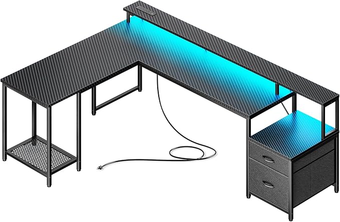 PRAISUN 66" L Shaped Gaming Desk with LED Lights & Power Outlets, Computer Desk with Fabric Drawers and Print Stand, Corner Office Desk, Monitor Stand, Mesh CPU Stand, Carbon Fiber Black