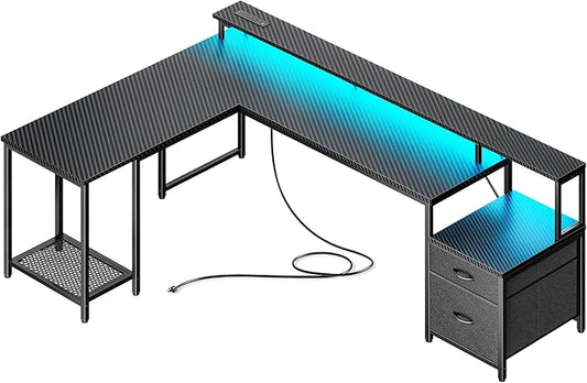 PRAISUN 66" L Shaped Gaming Desk with LED Lights & Power Outlets, Computer Desk with Fabric Drawers and Print Stand, Corner Office Desk, Monitor Stand, Mesh CPU Stand, Carbon Fiber Black