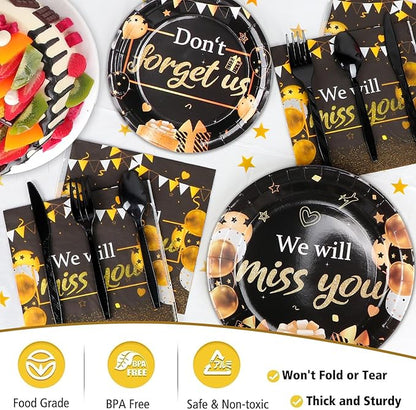 We Will Miss You Decorations, Going Away Party Decorations, Farewell Decorations Party Includes Black & Gold Balloons, Backdrop, Banner, Tablecloth, Plates, Napkins, Cake Toppers for Retirement