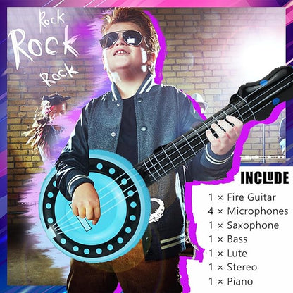 10 Pieces Inflatable Instruments Party Props Set Photo Booth Props Inflatable Guitar Saxophone Bass Lute Microphone Recorder Piano Theme Party Rock Toys Decorated Vintage Period Party