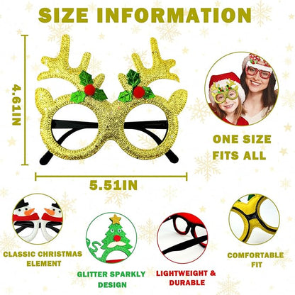 Christmas Glasses & Headband 12 Pack, Xmas Glitter Eyeglasses Frame & Headwear Accessories - One Size Fits All, Holiday Party Favor Supplies Classroom Game Prizes Gifts Photo Booth Props Outfit