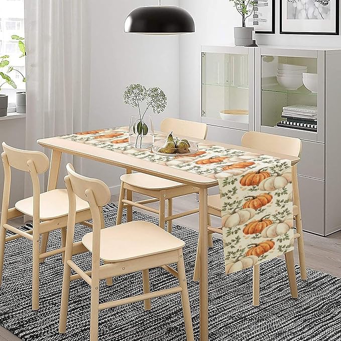 Fall Pumpkin Table Runner White Orange Vegetables Seeds Parsley Watercolor Hand-Painted Illustration Home Decor for Farmhouse Indoor Outdoor Party Holiday Dining Kitchen Restaurant Cafe W13xL120in