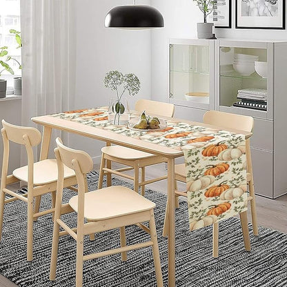 Fall Pumpkin Table Runner White Orange Vegetables Seeds Parsley Watercolor Hand-Painted Illustration Home Decor for Farmhouse Indoor Outdoor Party Holiday Dining Kitchen Restaurant Cafe W13xL90in