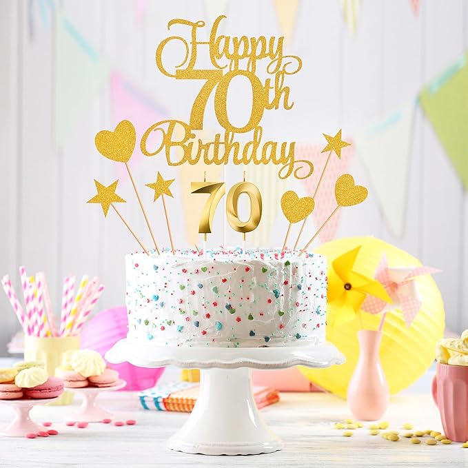70th Birthday Cake Decorations, 70th Birthday Candles Cake Numeral Candles and Glitter Happy 70th Birthday Cake Toppers Set for Birthday Party Supplies (Gold)