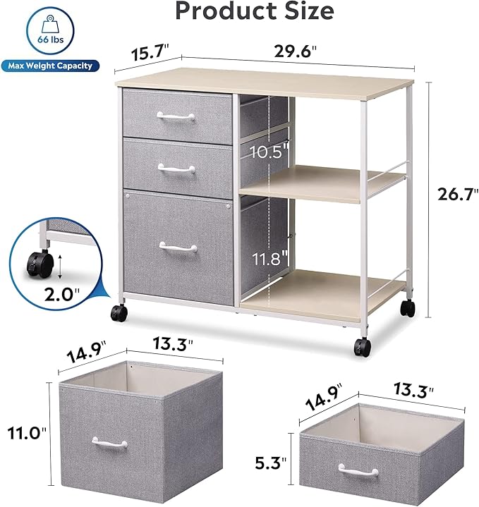 DEVAISE 3 Drawer Mobile File Cabinet, Rolling Printer Stand with Open Storage Shelf, Fabric Lateral Filing Cabinet fits A4 or Letter Size for Home Office, Light Grey