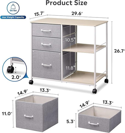 DEVAISE 3 Drawer Mobile File Cabinet, Rolling Printer Stand with Open Storage Shelf, Fabric Lateral Filing Cabinet fits A4 or Letter Size for Home Office, Light Grey