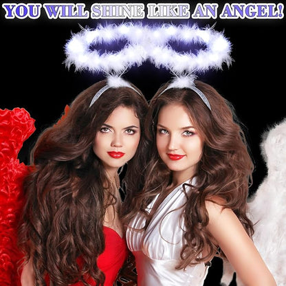Seematn 24 Pcs Light Up Angel Headband White Feather Halloween Christmas Angel Outfit Women's Costume Headwear Angel Hairband Accessory for Adult Cosplay Party Costume