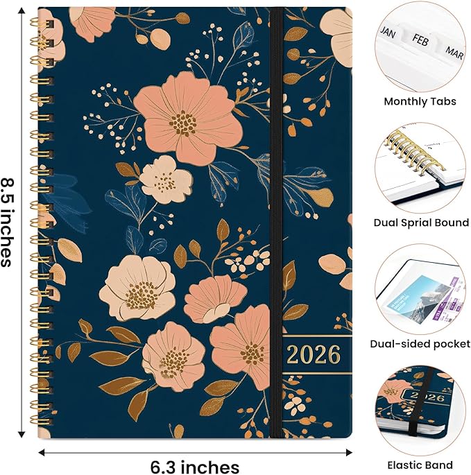 2026 Planner, Weekly and Monthly Planner for Women, Jan 2026 - Dec 2026 Pretty 2026 Calendar Planner with Monthly Tabs, Inner Pocket, Spiral Binding, Perfect for Office Home School - 6.3" x 8.5", Evening Floral