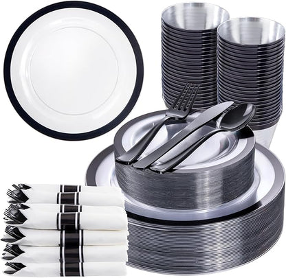 Liacere 350PCS - Clear Plates with Black Rim for 50Guests Dinnerware Include 100 Clear Plates disposable 150 Black Silverware 50 Napkins for Party&New Year